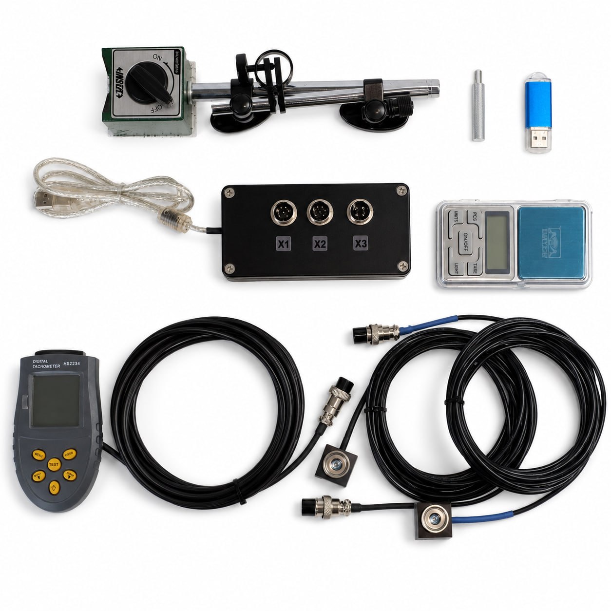 Conjunto Balanset-1A con módulo de medición, sensores, cables y accesorios